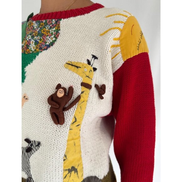 90s vintage Raquels embroidered textured 3D jungle animals hand knit sweater - Picture 8 of 10